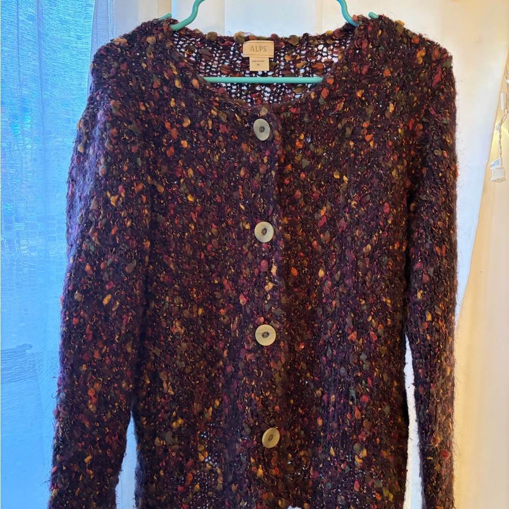 Purple Multicolor Speckled Button-Front Crew Cardigan